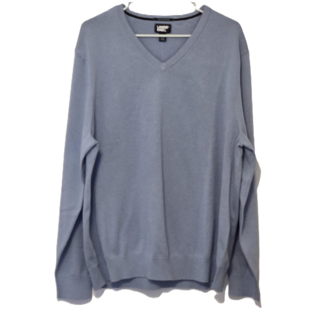 Lands' End Mens XL 46-48‎ V-Neck Sweater Blue 100% Supima Cotton Long Sleeve New